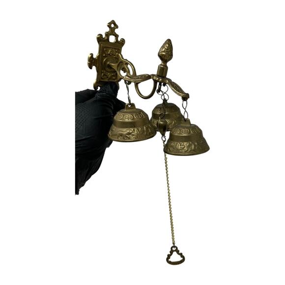 Brass Wall-Mounted Triple Bell Set Ornate Design Chain Pull Vintage Monastery - Picture 5 of 16